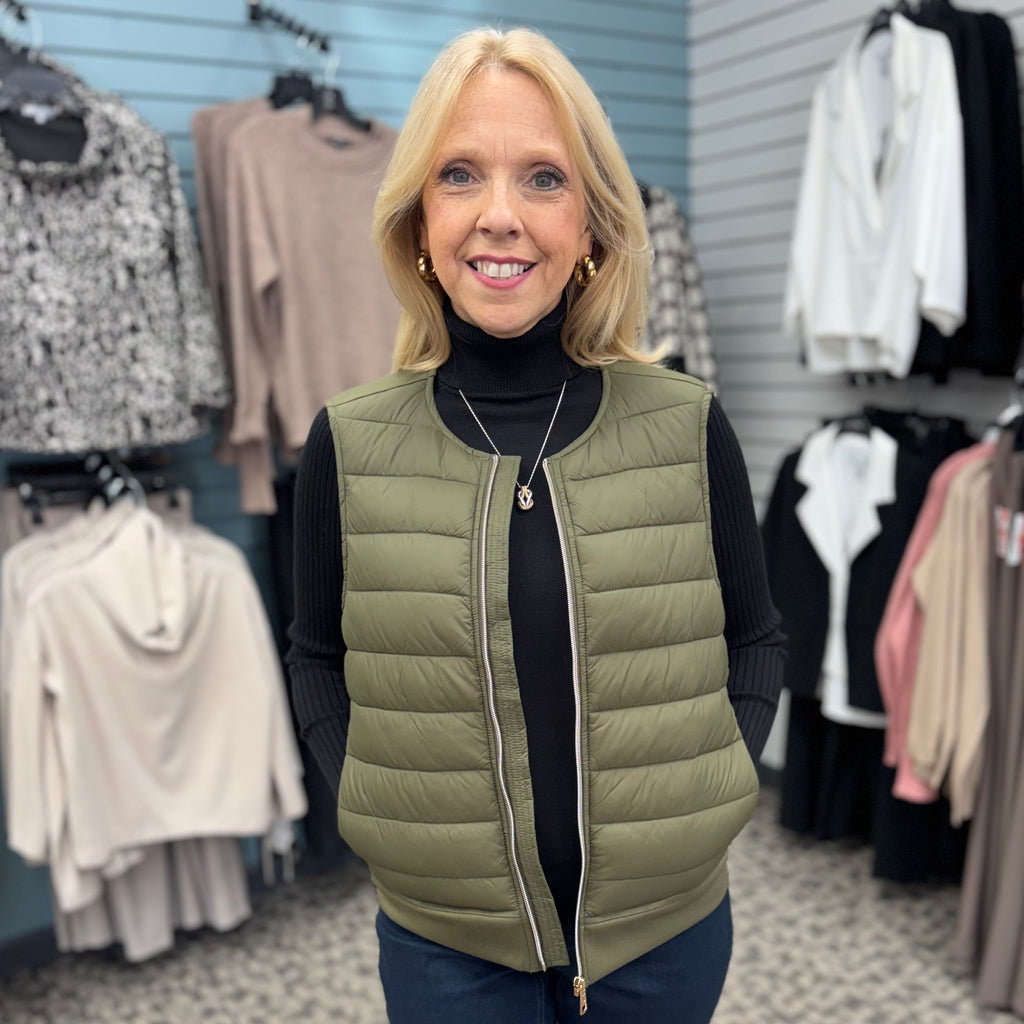 Olive Green Puffer Knit-Back Vest