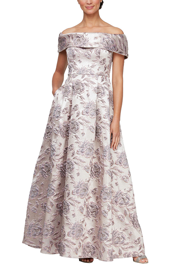 Long Printed Brocade Off-the-Shoulder Ballgown