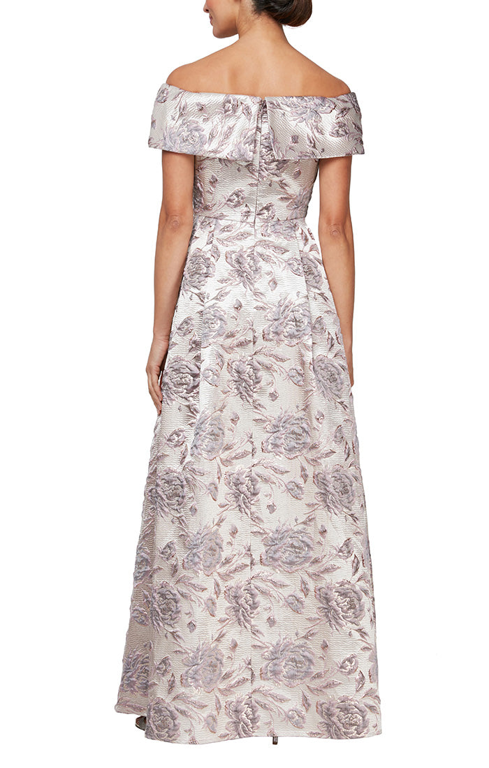 Long Printed Brocade Off-the-Shoulder Ballgown