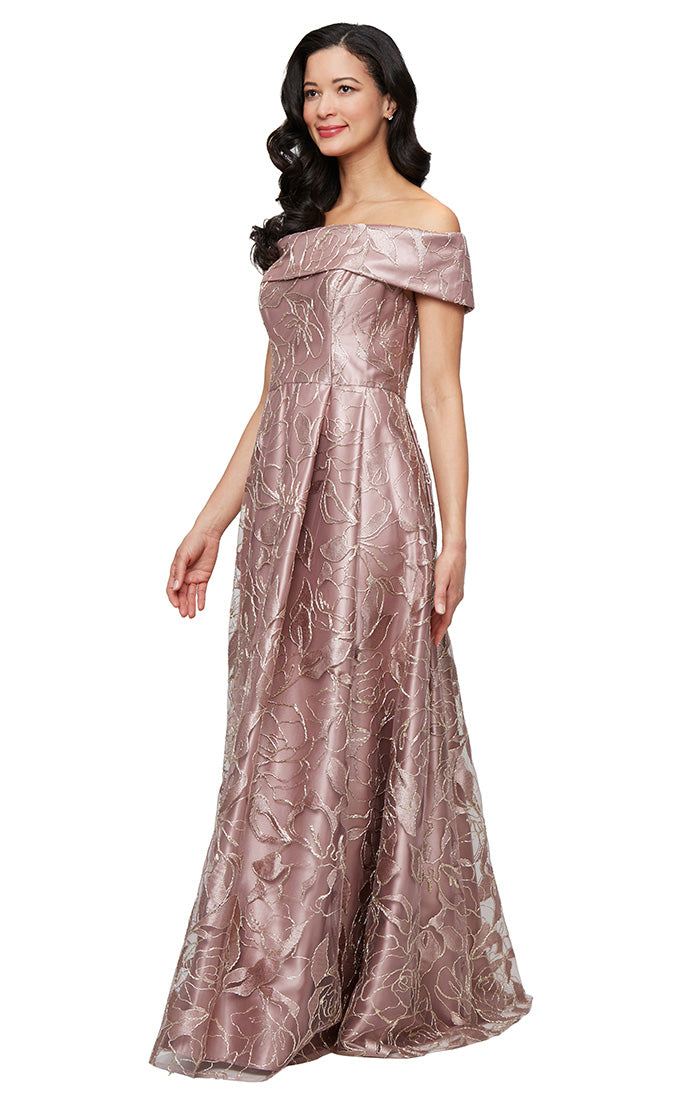 Long Off-the-Shoulder Embroidered Ballgown