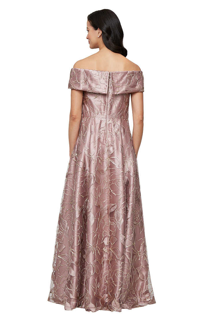 Long Off-the-Shoulder Embroidered Ballgown