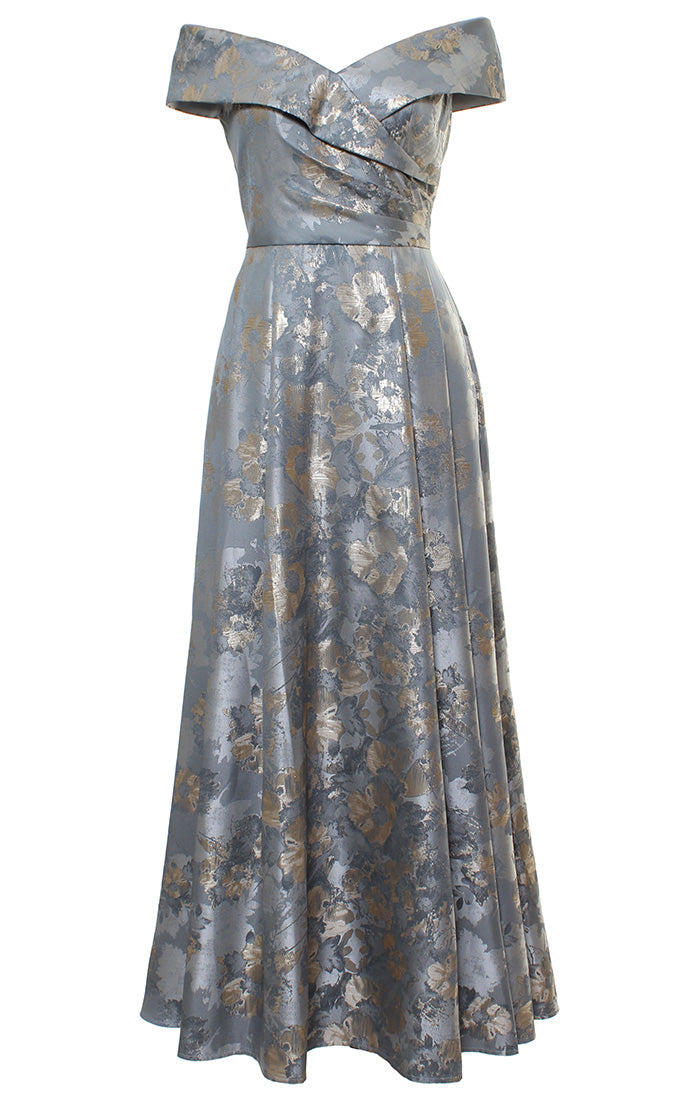 Long Printed Jacquard Off-the-Shoulder Gown