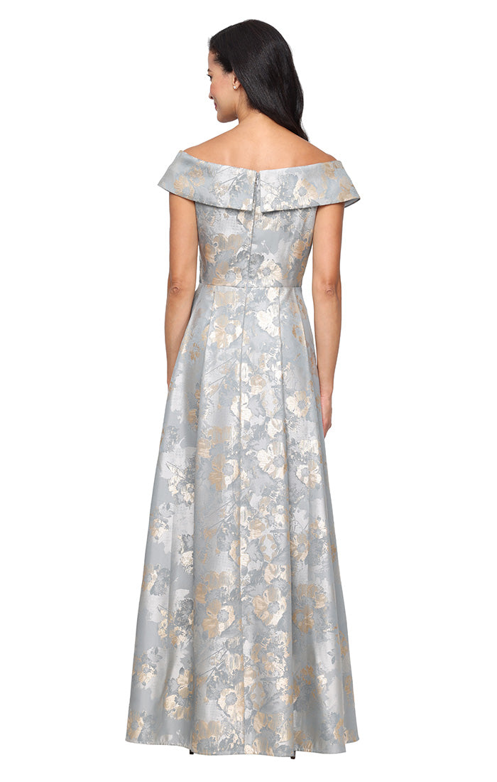 Long Printed Jacquard Off-the-Shoulder Gown