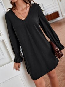 Contrast Embroidery Mesh Flounce Sleeve Tunic Dress