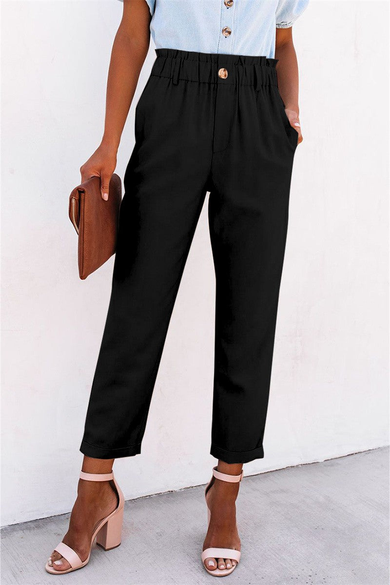 High Rise Paper Bag Waist Pocketed Casual Pants