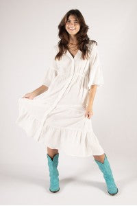 Gauze Half Sleeve V-Neck Midi Dress