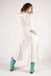 Gauze Half Sleeve V-Neck Midi Dress